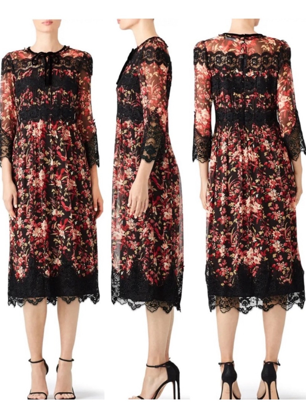 The Kooples Black & Red Floral Lace Midi Dress Size S